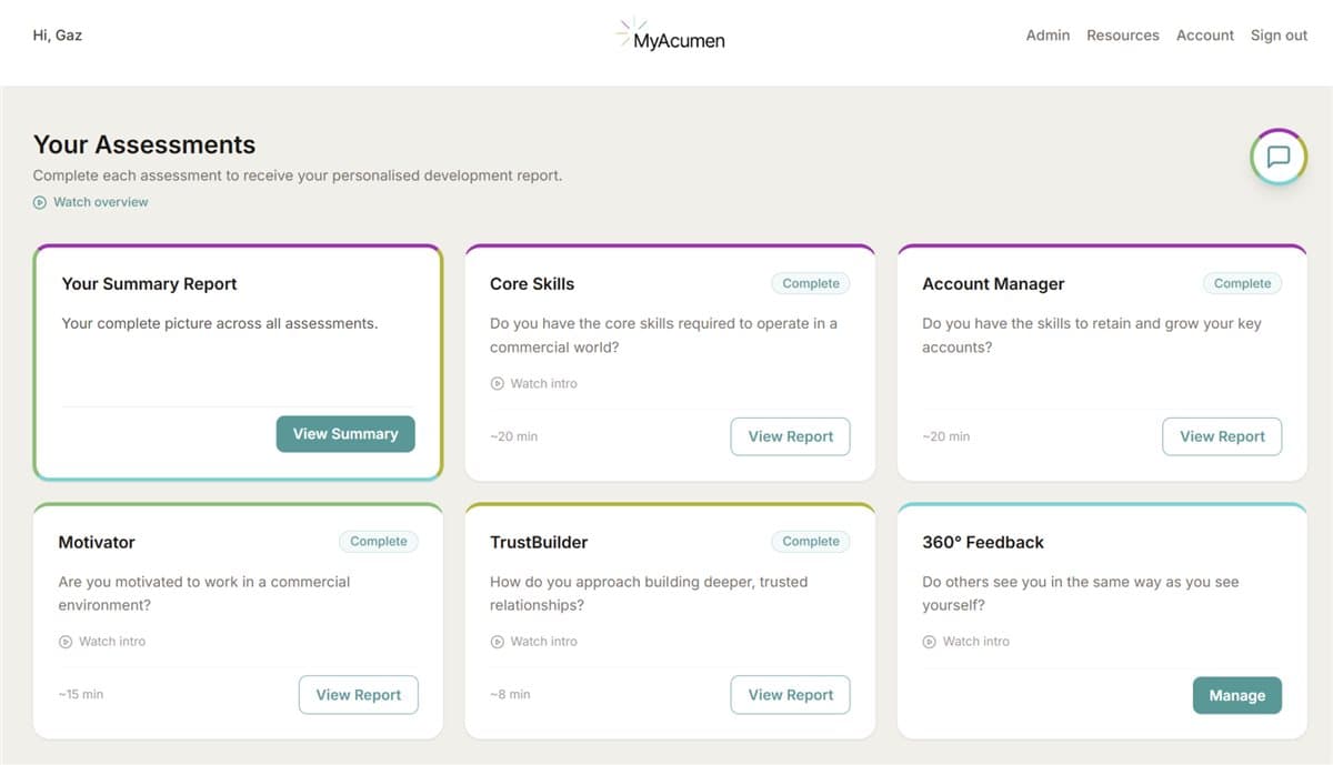 Your MyAcumen assessments dashboard