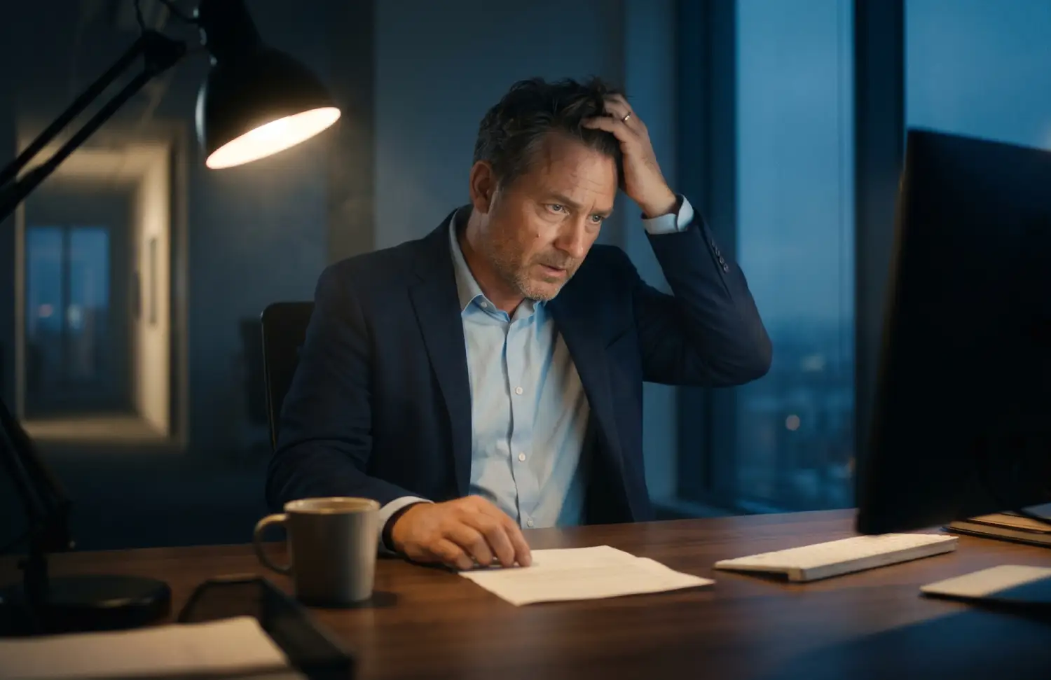 Stressed businessman at desk late.