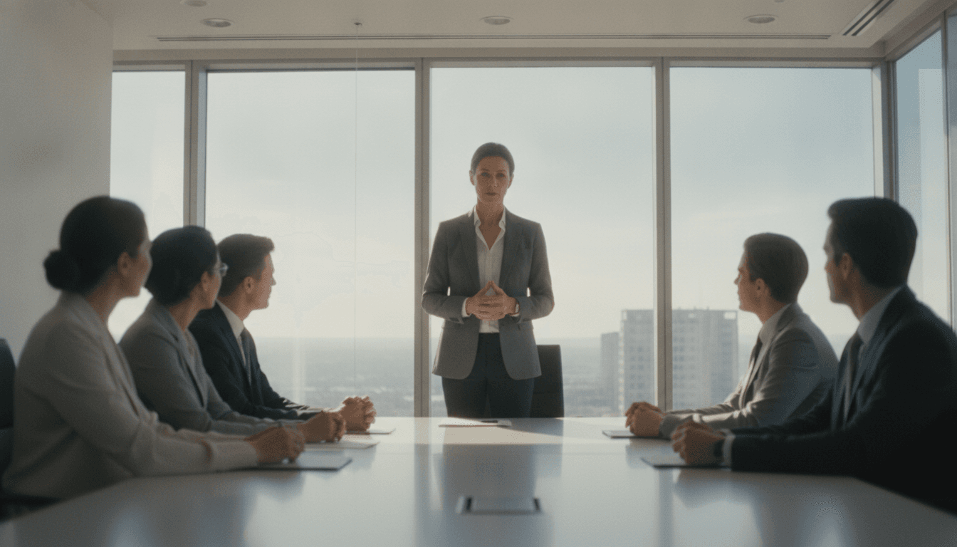 A newly appointed leader stands at the head of a boardroom table addressing a mixed team in a bright daytime office