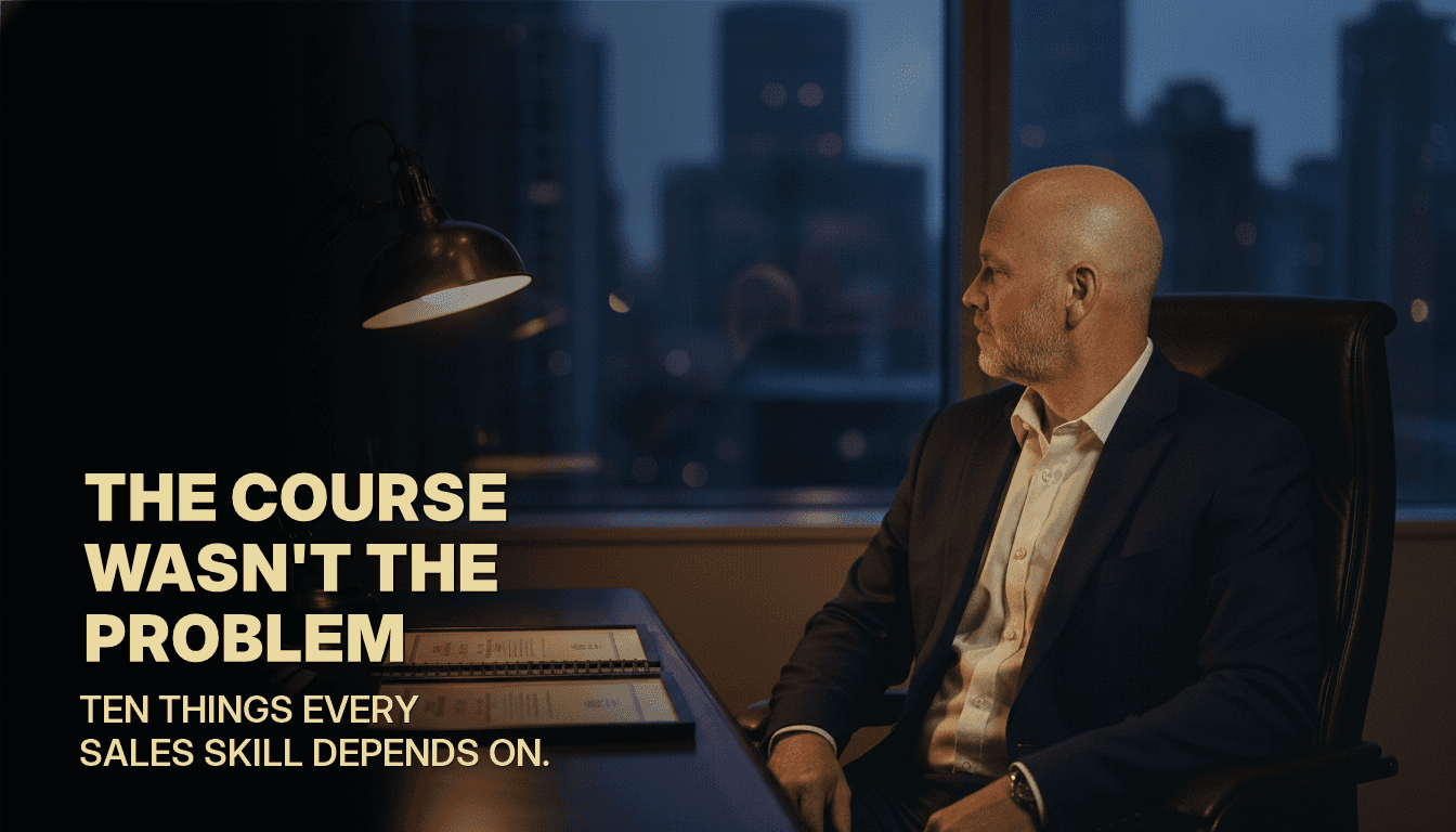 A sales leader at a dusk office desk, turned away from a lit training workbook and certificate