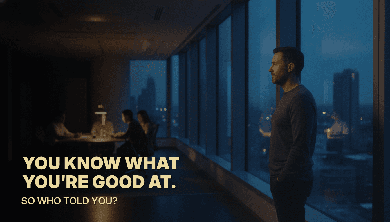 Man reflecting by office window