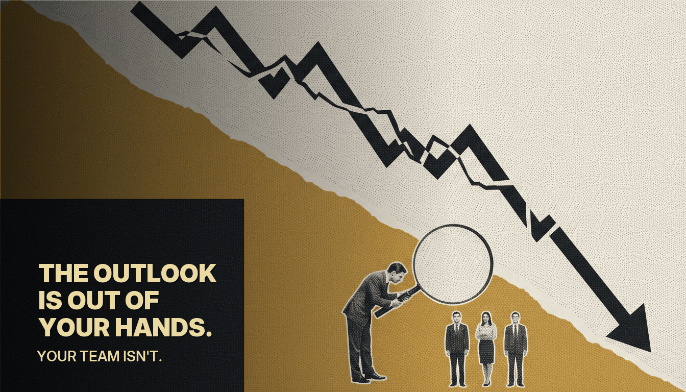 Collage of a falling line chart crashing down while a sales leader studies his team through a magnifying glass