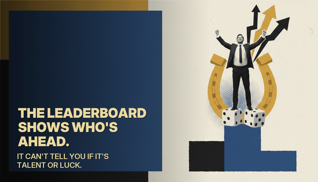 A cut-out salesperson celebrates on the top step of a podium that is propped up by dice, with a golden horseshoe behind him